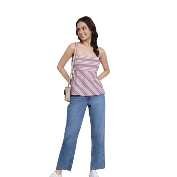 American Eagle Striped Pink Sleeveless Top Linen Cotton Blend Womens Large - Picture 2 of 13